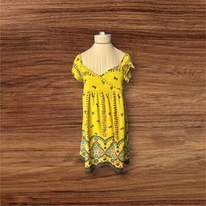 Doki Geki Yellow Floral Babydoll Dress Boho Summer Size Small